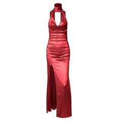 Halter cowl neck ruched backless slit maxi dress