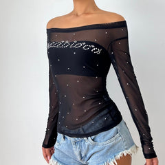 Off shoulder long sleeve beaded sheer mesh solid top