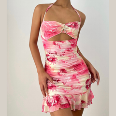 Halter self tie ruched hollow out print cut out mini dress