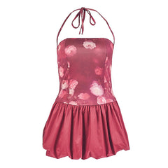 Halter flower print self tie ruched mini dress