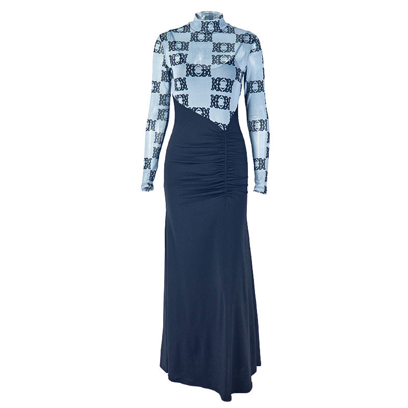 High neck long sleeve ruched print maxi dress