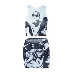 Sleeveless abstract print crewneck mini skirt set