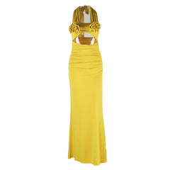Halter flower applique hollow out cut out maxi dress