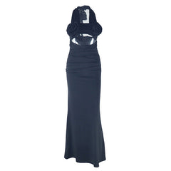Halter flower applique hollow out cut out maxi dress
