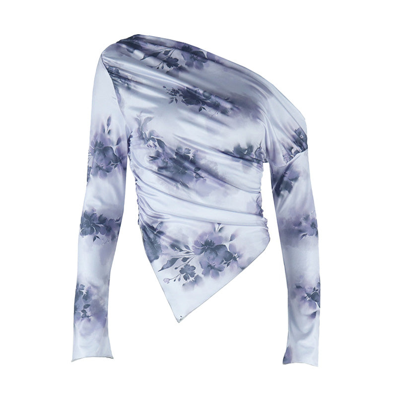 One shoulder long sleeve flower print irregular top