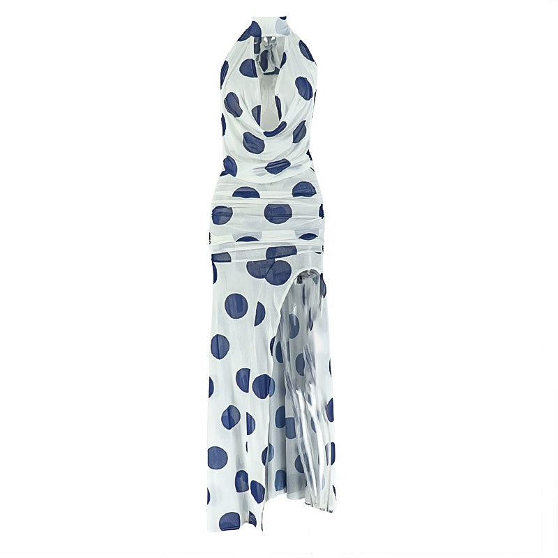 Halter high slit polka dot ruched mesh maxi dress