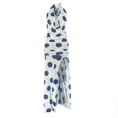 Halter high slit polka dot ruched mesh maxi dress