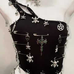 One shoulder cross applique backless top