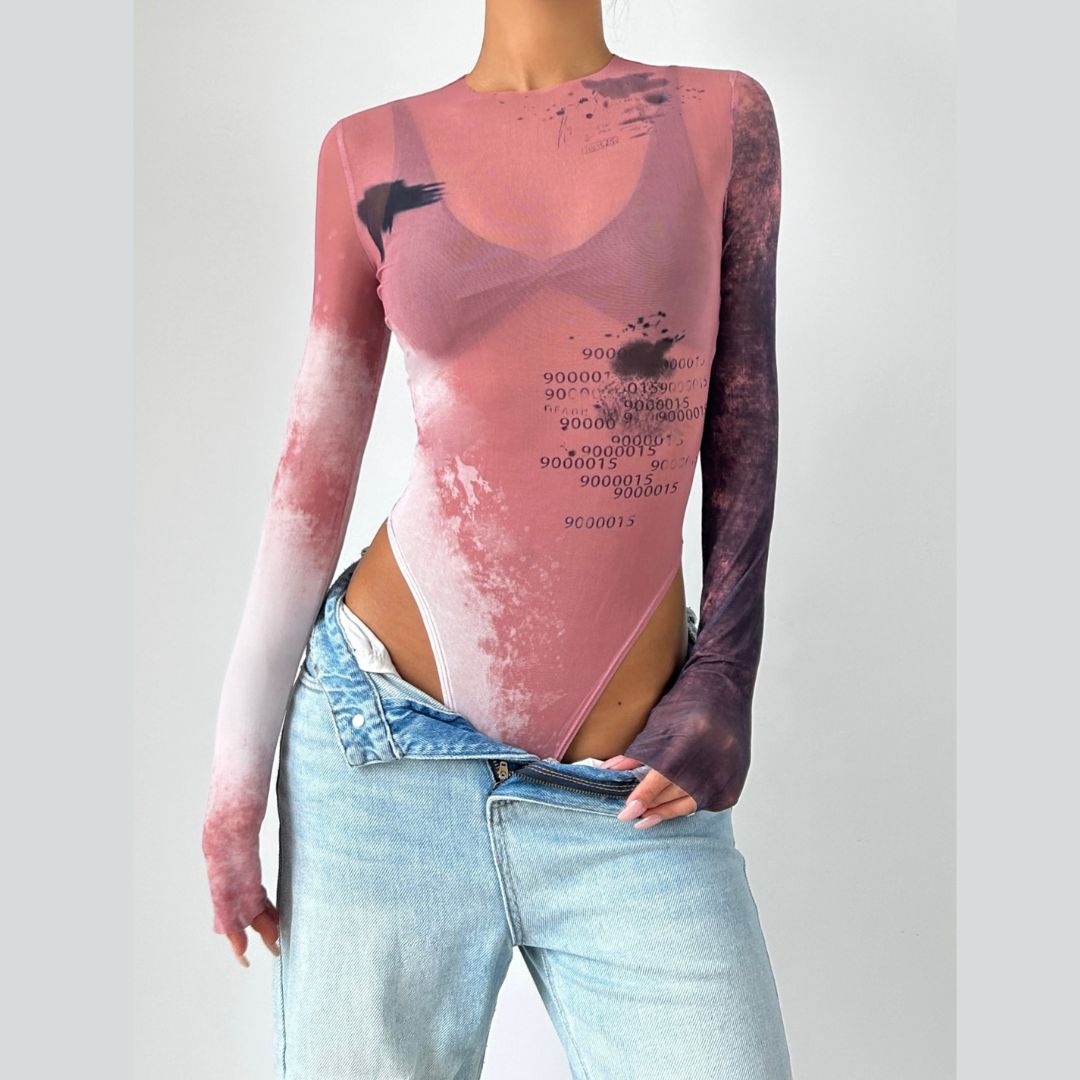 Long sleeve crewneck print sheer mesh bodysuit