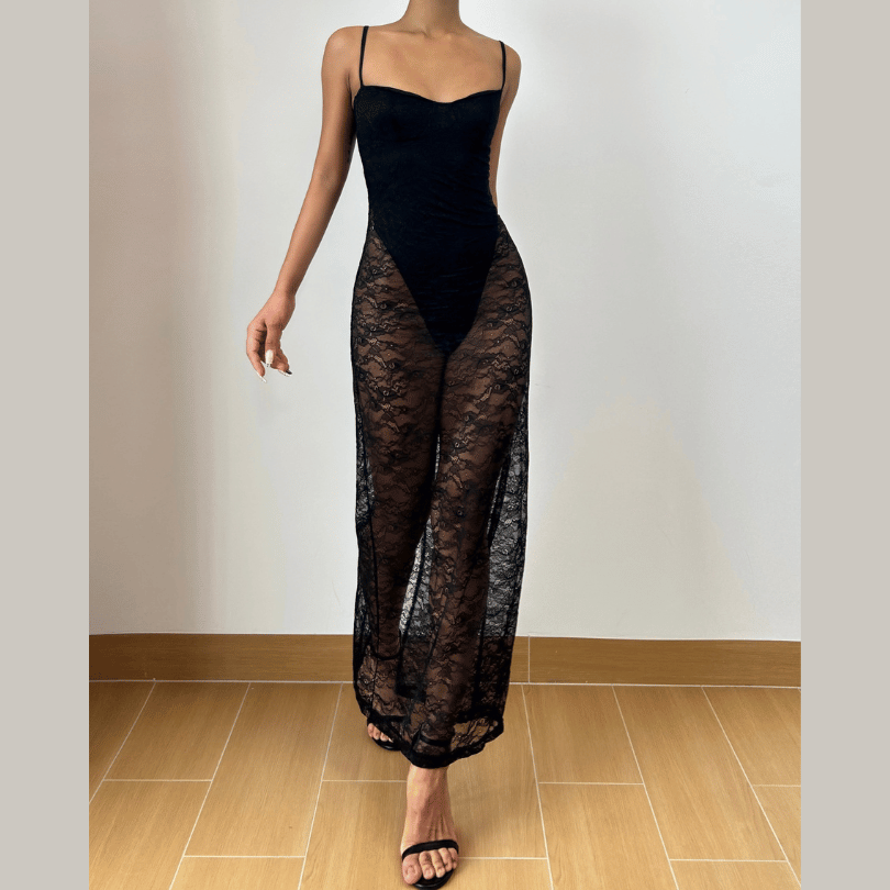 Slit v neck lace backless cami midi dress