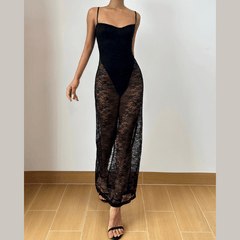 Slit v neck lace backless cami midi dress