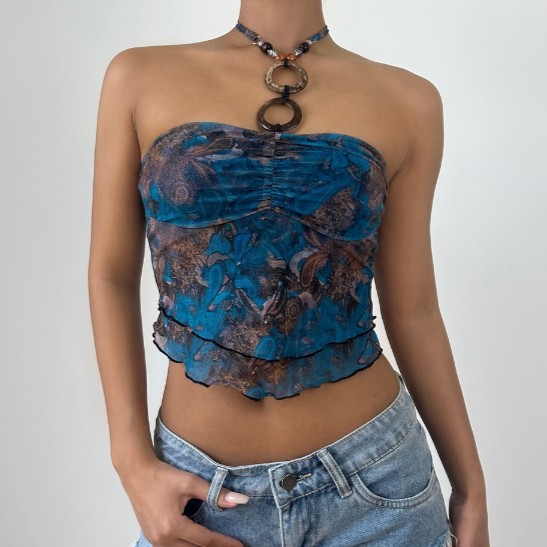 Contrast o ring ruffle halter beaded top