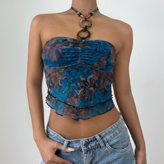 Contrast o ring ruffle halter beaded top