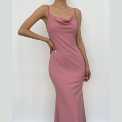 Sleeveless solid ribbed cowl neck backless ruffle maxi dress-final-sale