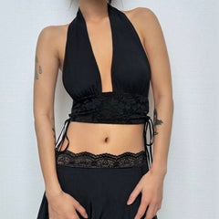 Halter self tie lace v neck backless top