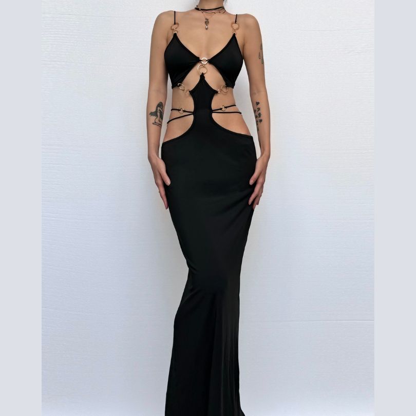 Hollow out o ring cross front slit cut out maxi dress