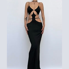 Hollow out o ring cross front slit cut out maxi dress