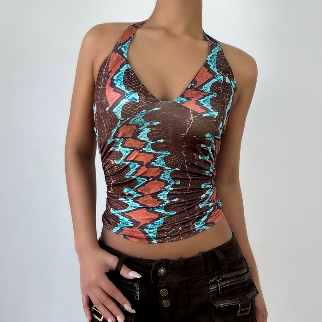 Ruched self tie halter v neck print contrast top