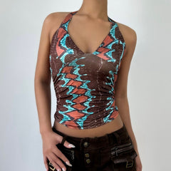 Ruched self tie halter v neck print contrast top