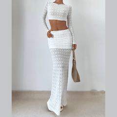 Long sleeve lace crewneck crop maxi skirt set
