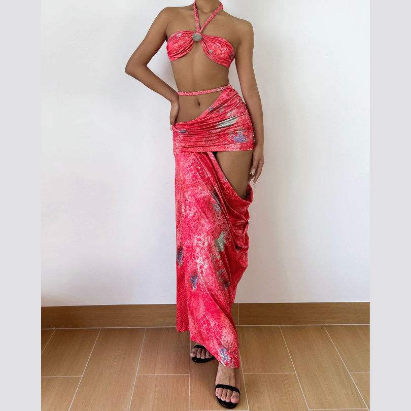 Halter self tie hollow out ruched maxi skirt set