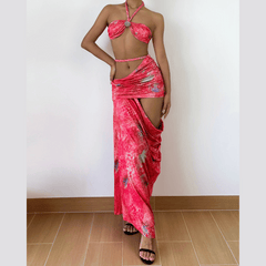 Halter self tie hollow out ruched maxi skirt set