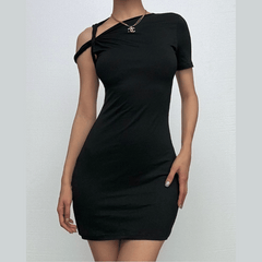 Short sleeve one shoulder ruched solid mini dress-final-sale