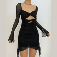 Long sleeve solid hollow out slit mesh ruched zip-up backless cut out mini dress-final-sale