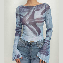 Sheer mesh see through flared sleeve contrast print 2-way top