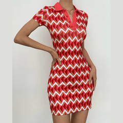 Short sleeve contrast turnover collar button mini dress