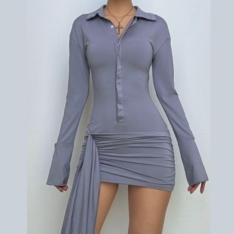 Turnover collar long sleeve button ruched mini dress