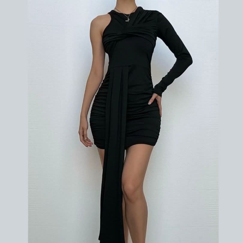 One shoulder long sleeve ruched mini dress-final-sale