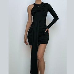 One shoulder long sleeve ruched mini dress