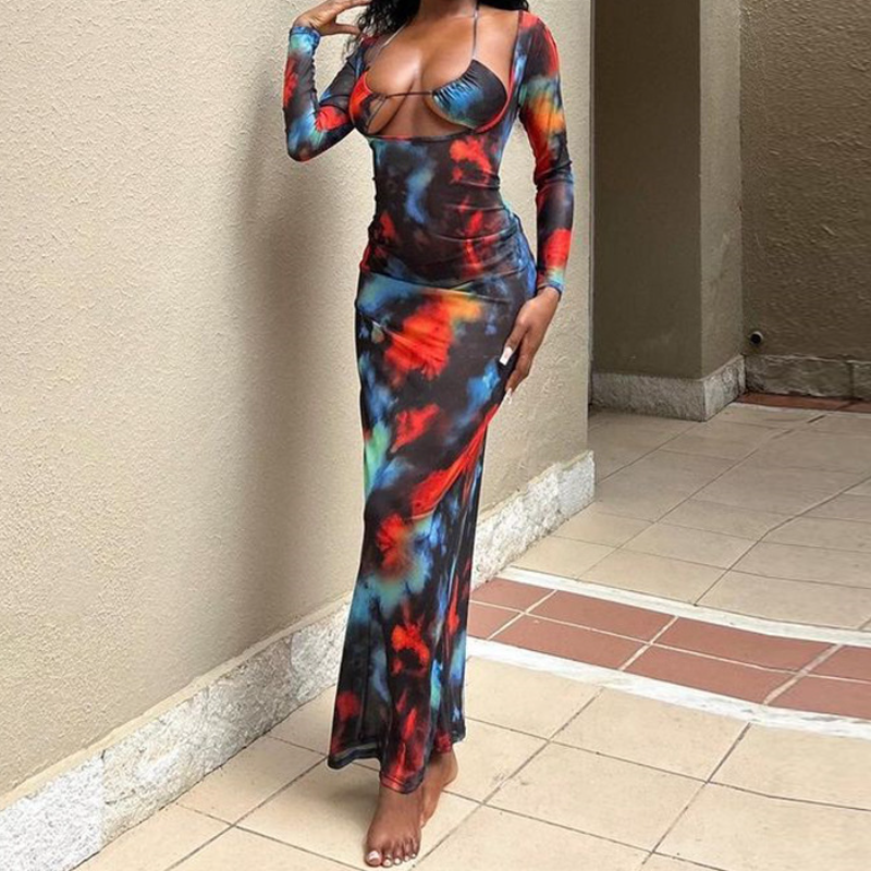 Long sleeve print u neck contrast maxi dress