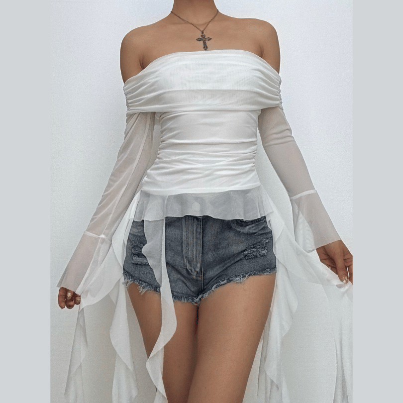 Long flared sleeve off shoulder mesh ruffle solid top