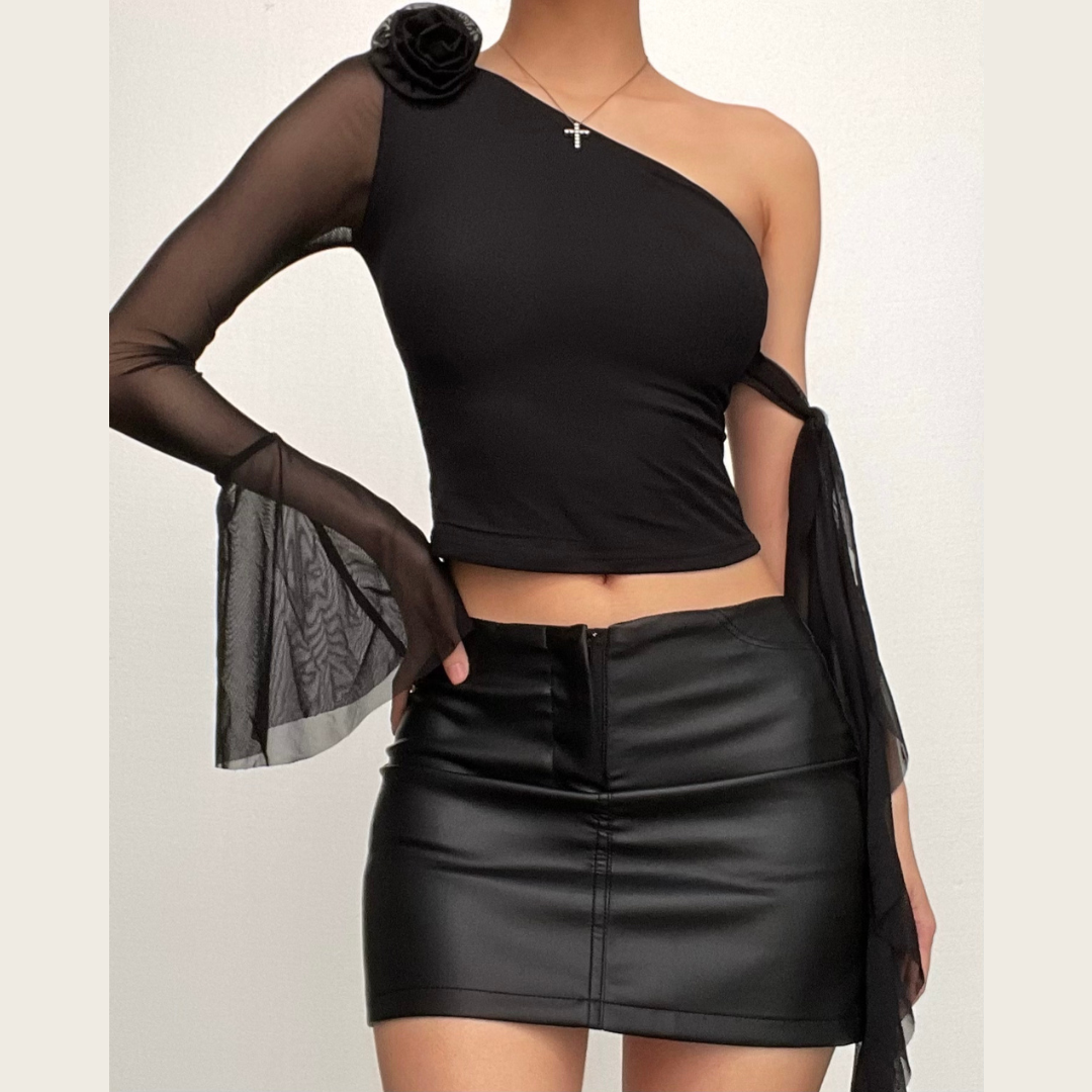 Long flared sleeve one shoulder mesh flower applique backless top-final-sale