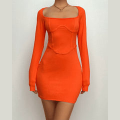 Square neck long sleeve solid corset mini dress-final-sale