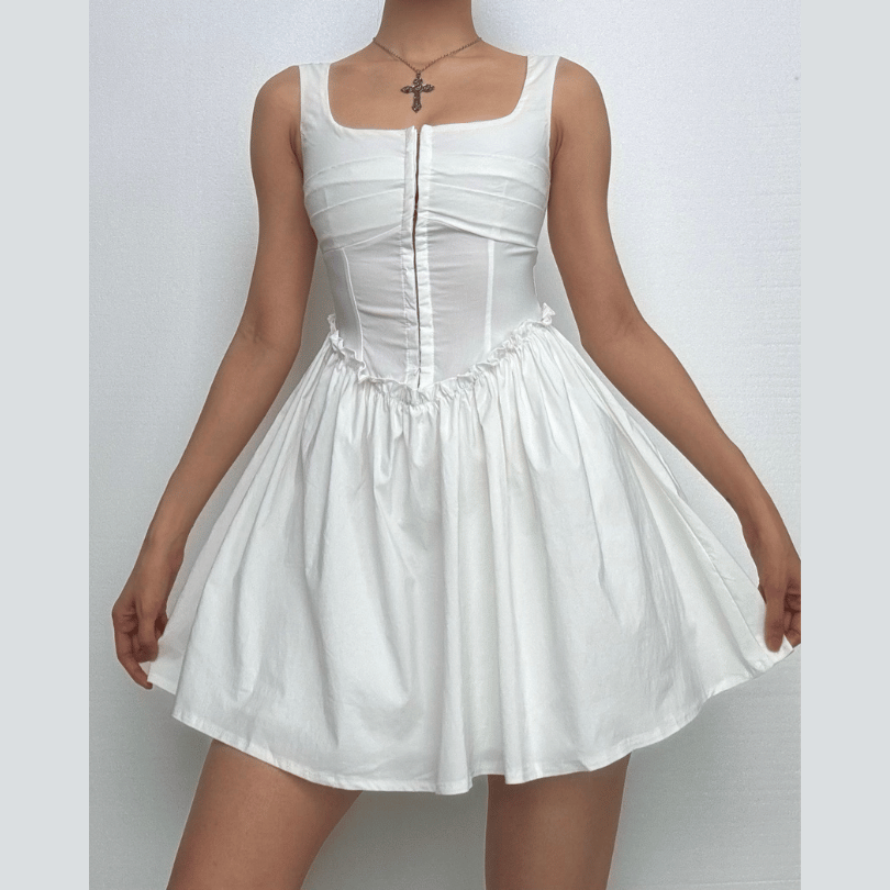 Button ruffle square neck ruched bustier tank mini dress