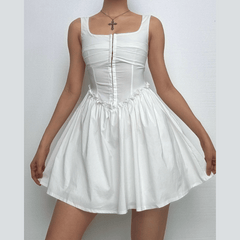Button ruffle square neck ruched bustier tank mini dress