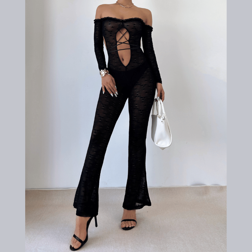 Off shoulder long sleeve hollow out lace hem jumpsuit