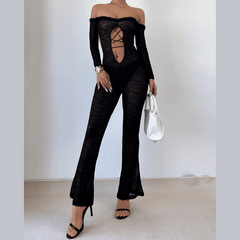 Off shoulder long sleeve hollow out lace hem jumpsuit