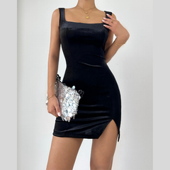 Square neck velvet slit cami mini dress