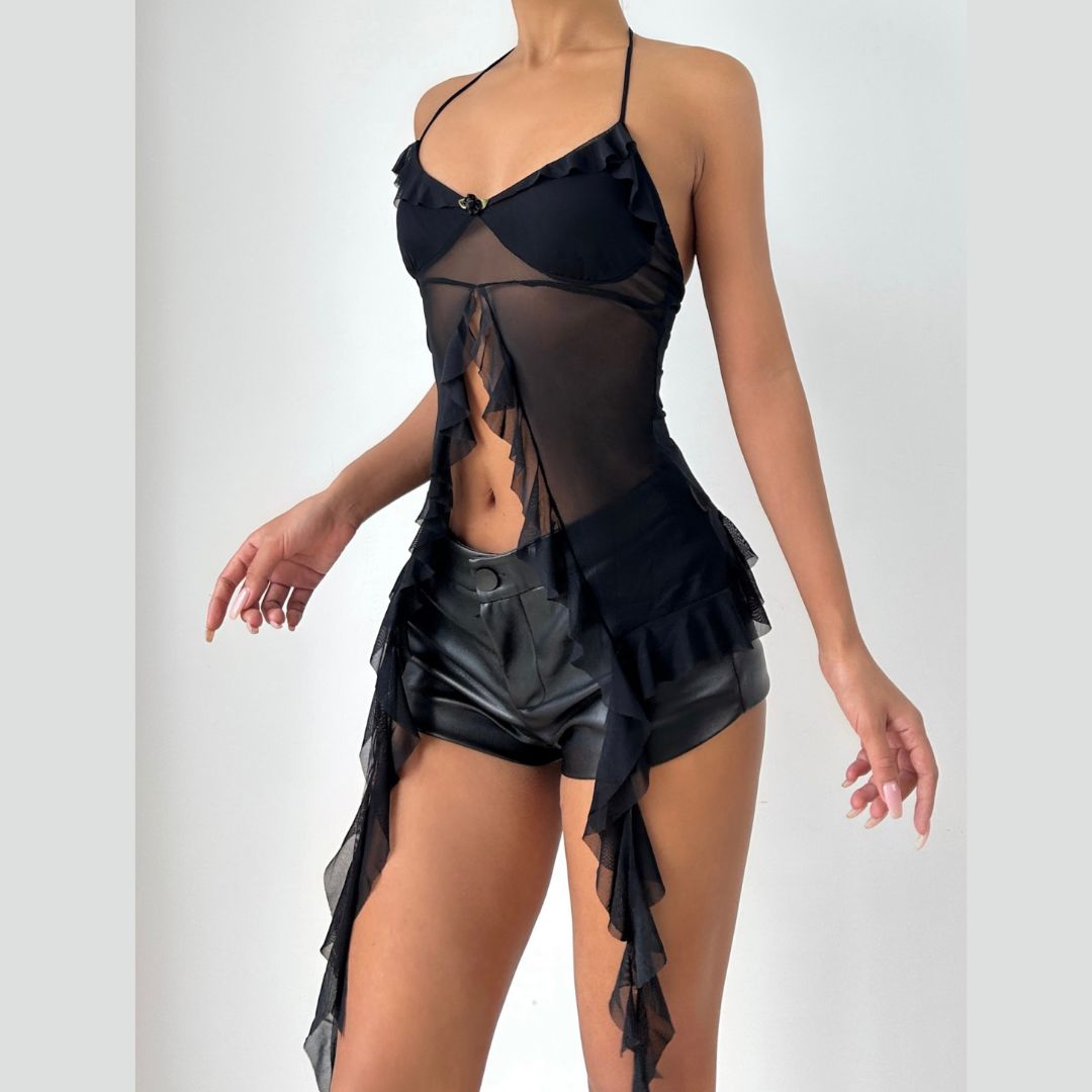 Mesh ruffle self tie v neck halter top