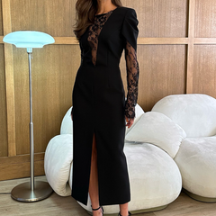 Long sleeve v neck lace slit maxi dress