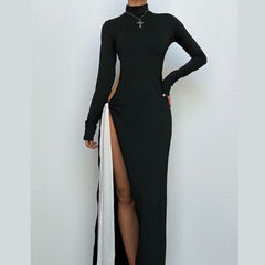High neck long sleeve hollow out slit knotted cut out maxi dress