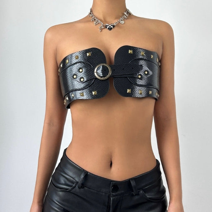 PU leather buckle crop top