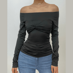 Mesh solid off shoulder ruched long sleeve top - Final Sale-final-sale