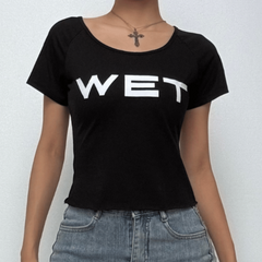 Short sleeve “WETâ€?ruffle u neck top