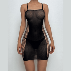Square neck fishnet patchwork cami mini dress