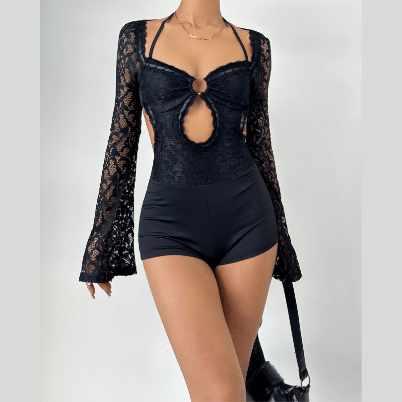 Long sleeve halter self tie lace hollow out romper